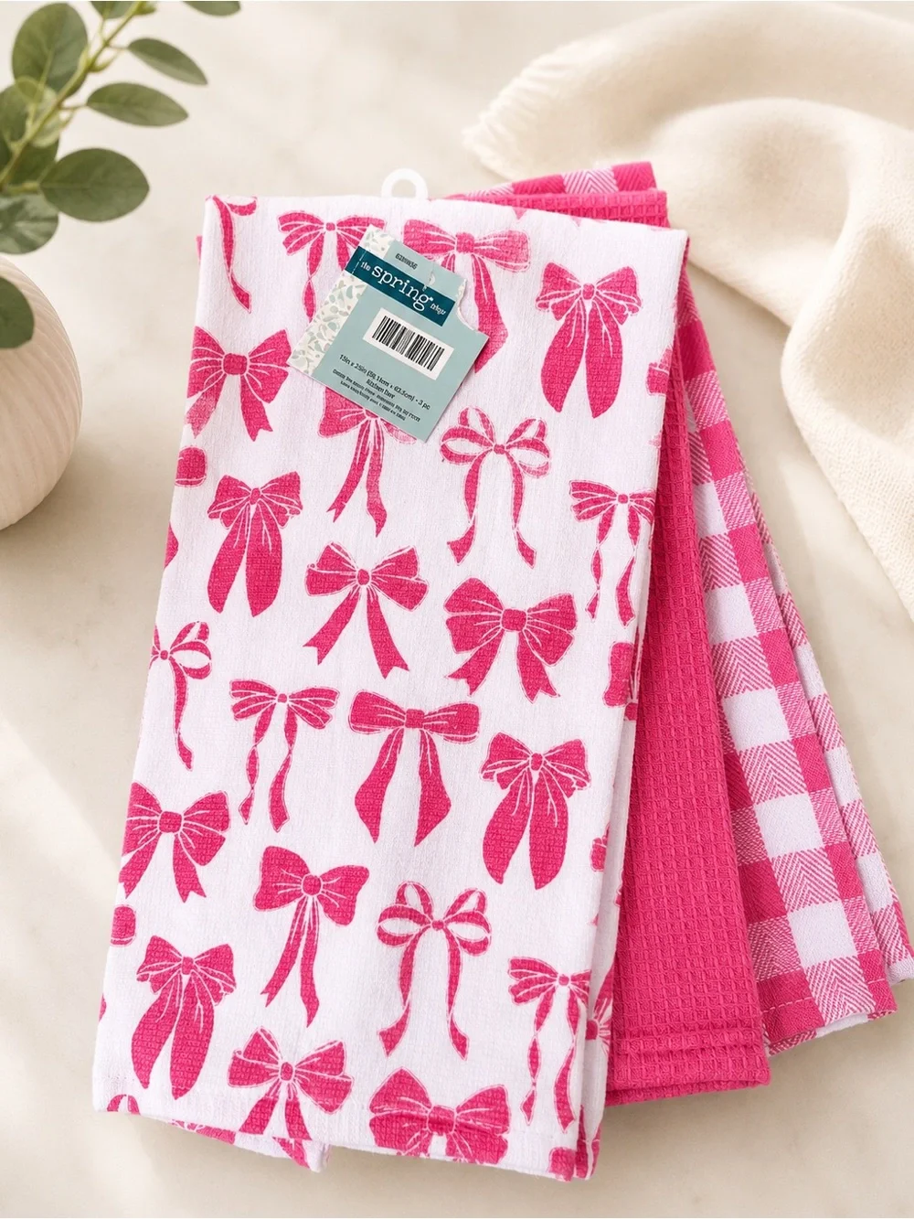Set of 3 Pink Bow Pattern Kitchen Towels